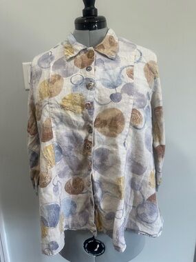 CLICK Button-Front Blouse in Cream and Tan size L made USA 100% linen